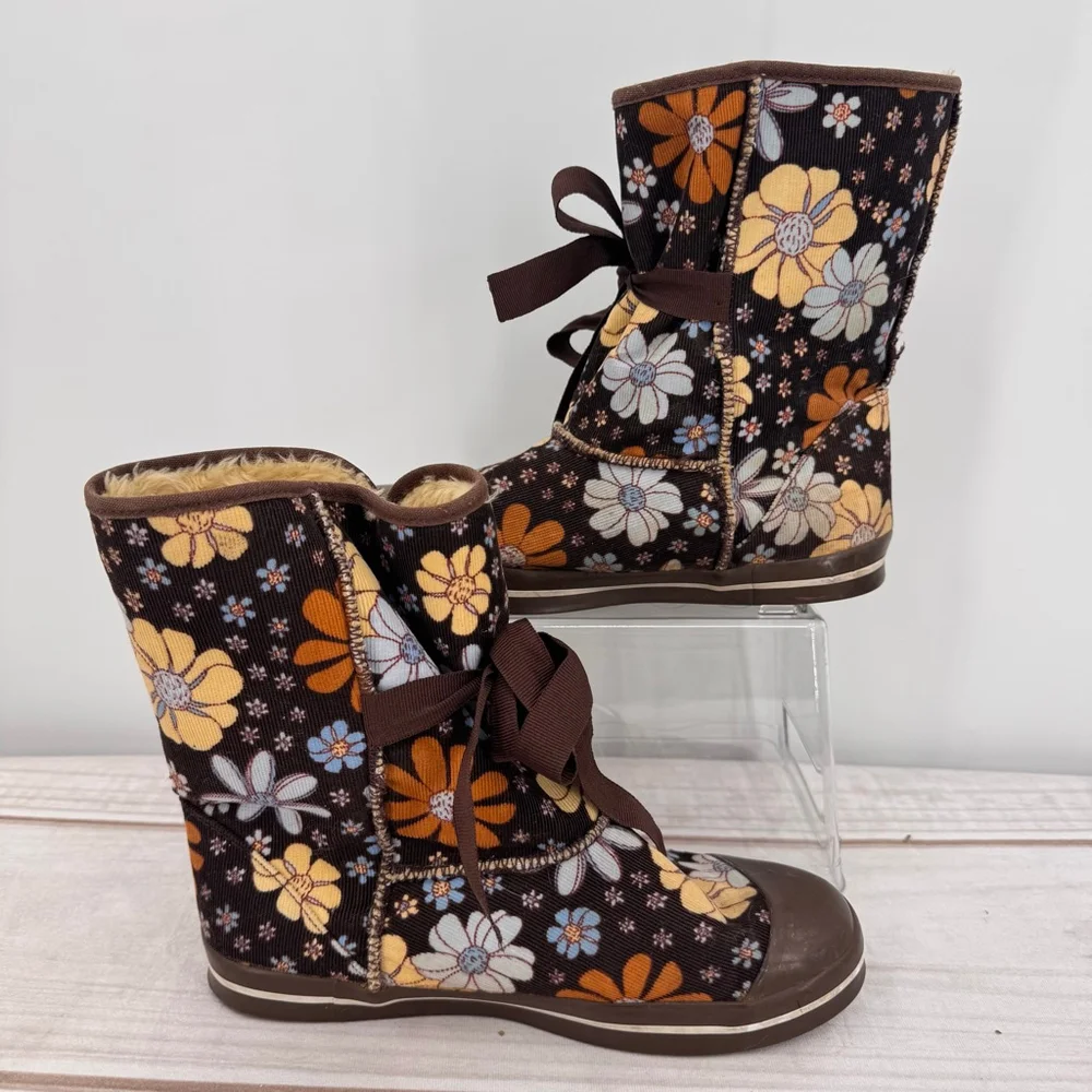 No Boundaries Lexie Boots Brown Corduroy Retro Floral Flower Power Boho Hippie 8